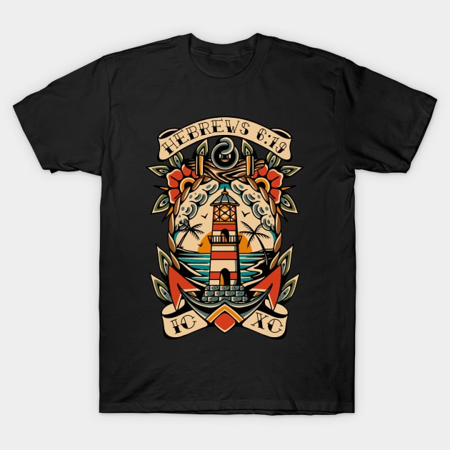 Anchor Lighthouse American Traditional Tattoo Flash T-Shirt by thecamphillips